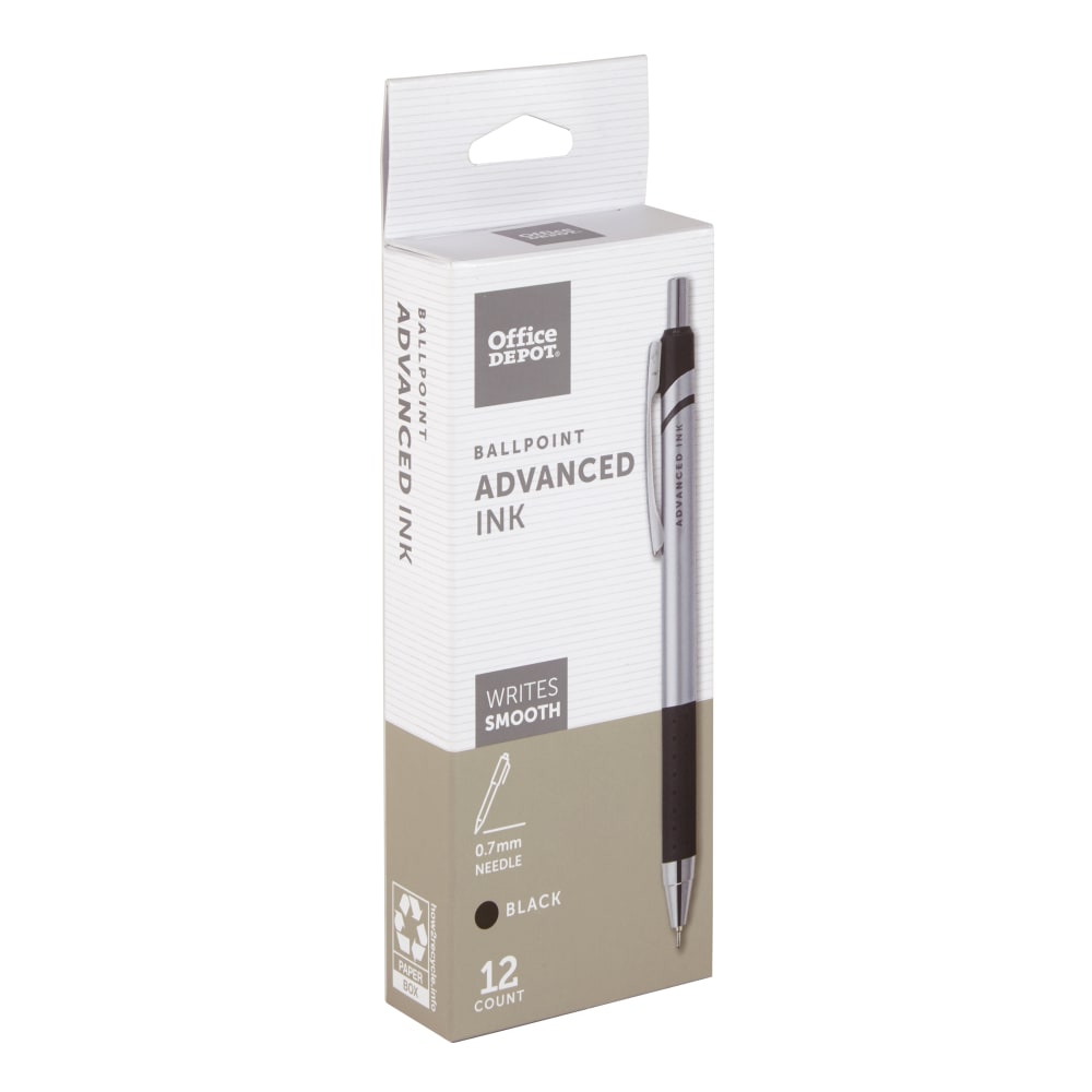 Office Depot Brand Advanced Ink Retractable Ballpoint Pens, Needle Point, 0.7 mm, Silver Barrel, Black Ink, Pack Of 12