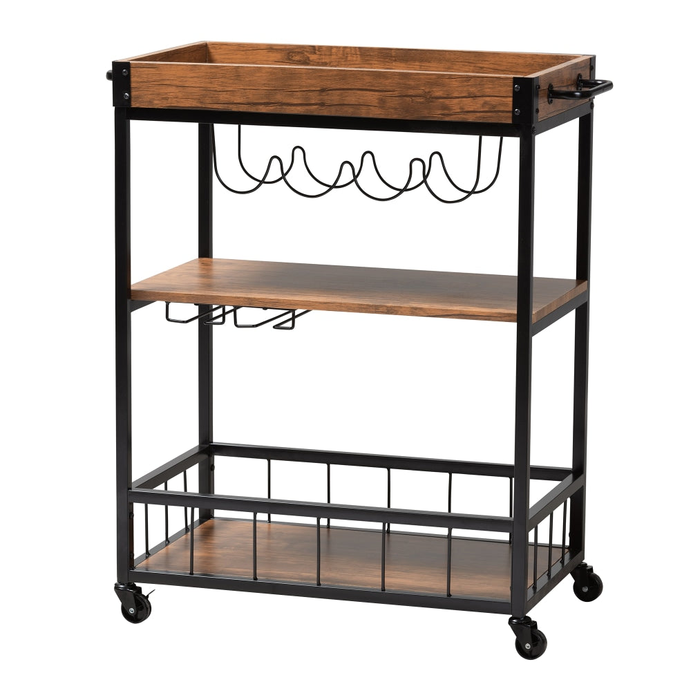 Baxton Studio Cerne Mobile Bar Cart With Wine Bottle Rack, 35-7/16in x 31-1/2in, Golden Oak/Black