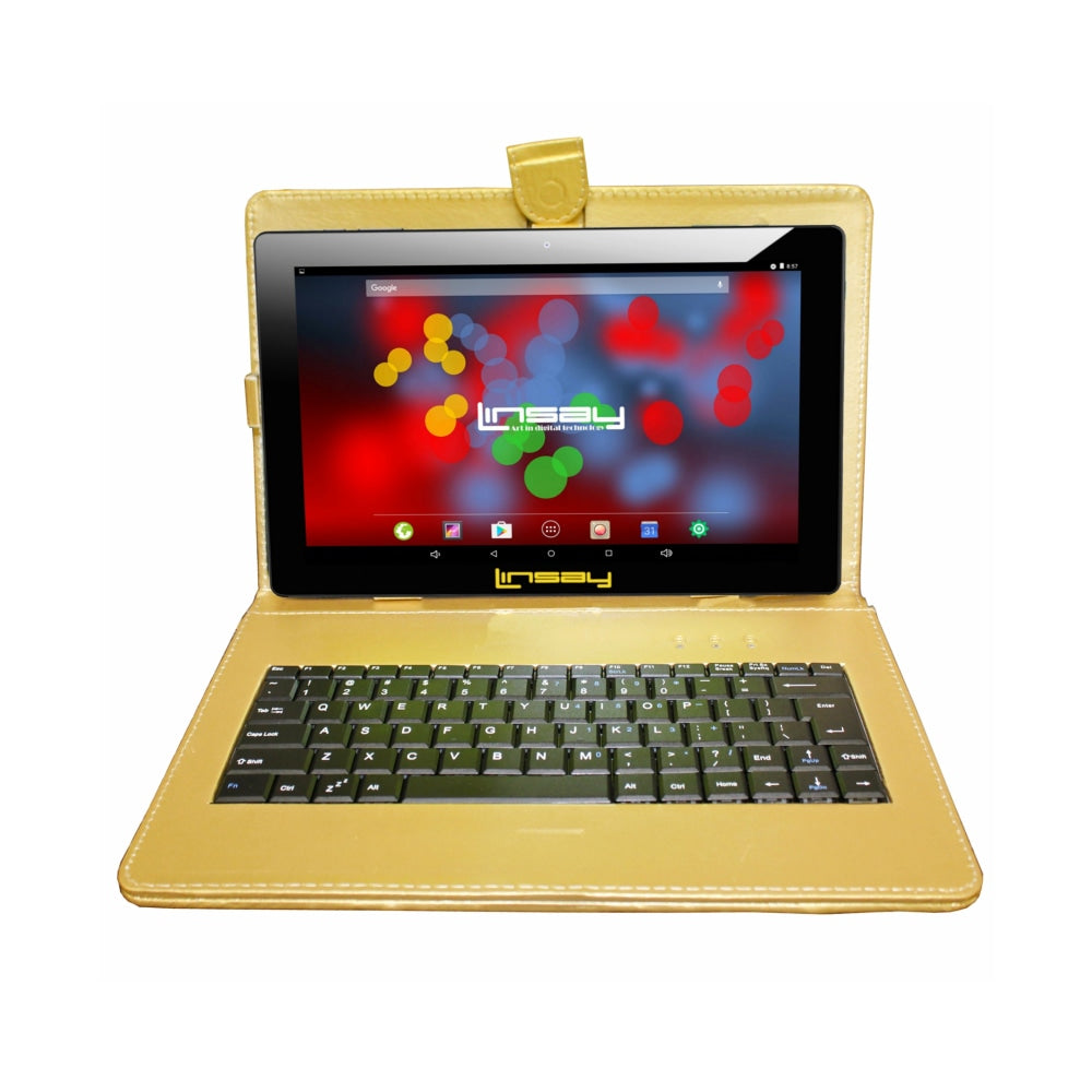 Linsay F10IPS Tablet, 10.1in Screen, 2GB Memory, 64GB Storage, Android 13, Golden Keyboard