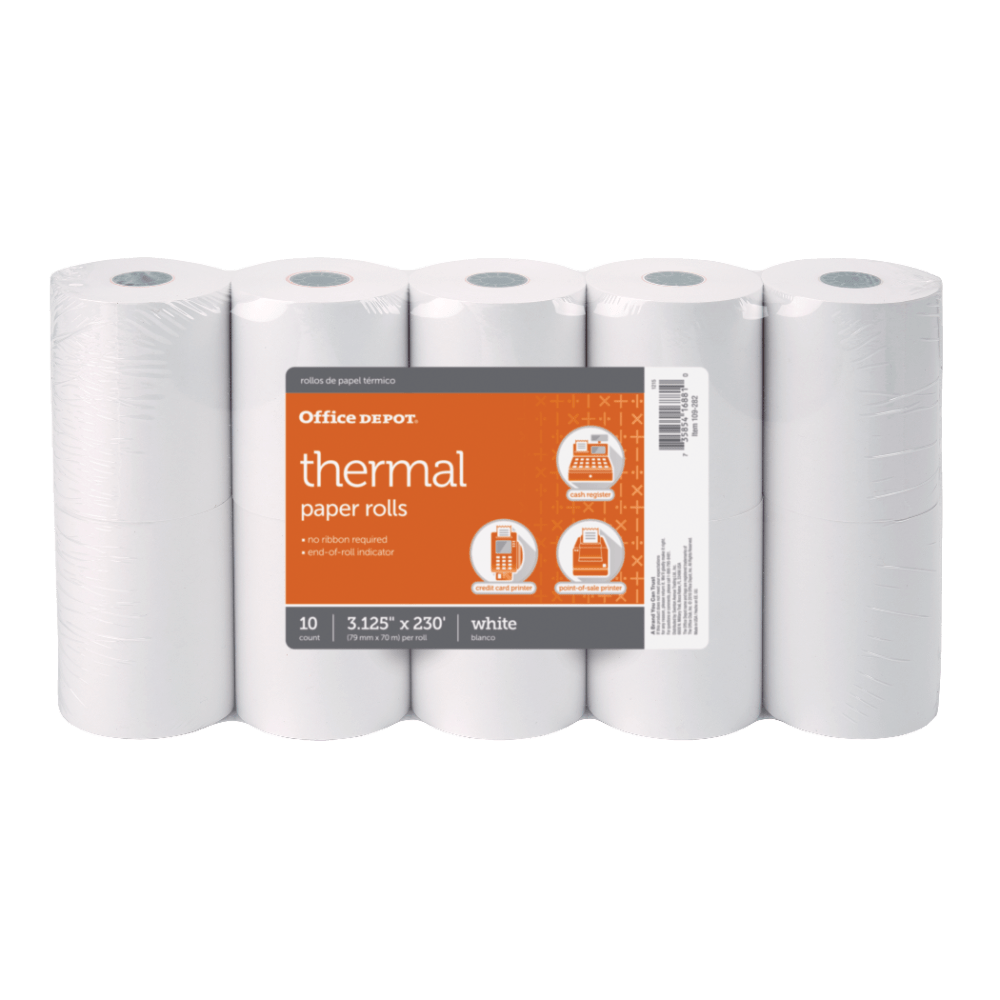 Office Depot Brand Thermal Paper Rolls, 3-1/8in x 230ft, White, Pack Of 10