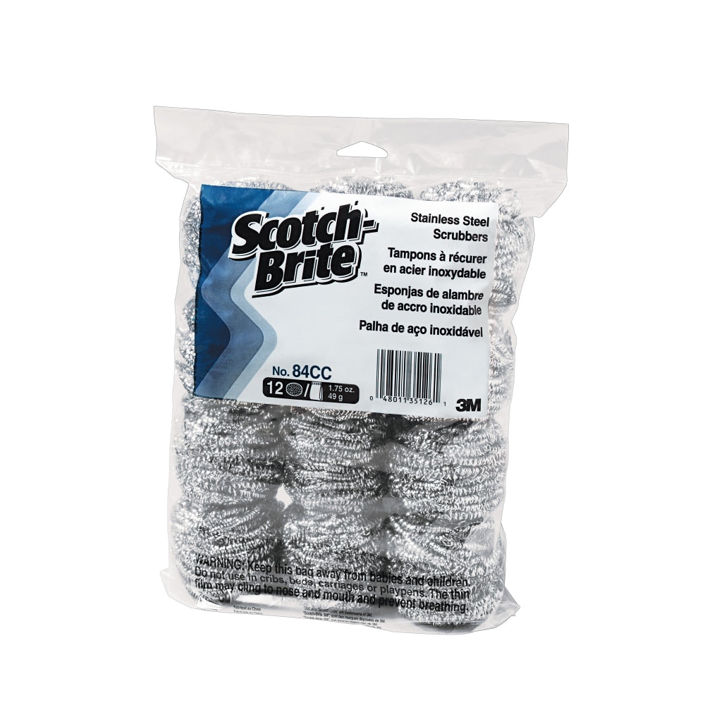 Scotch-Brite Stainless-Steel Scrubbers, No. 84, Silver, Pack Of 72 Scrubbers