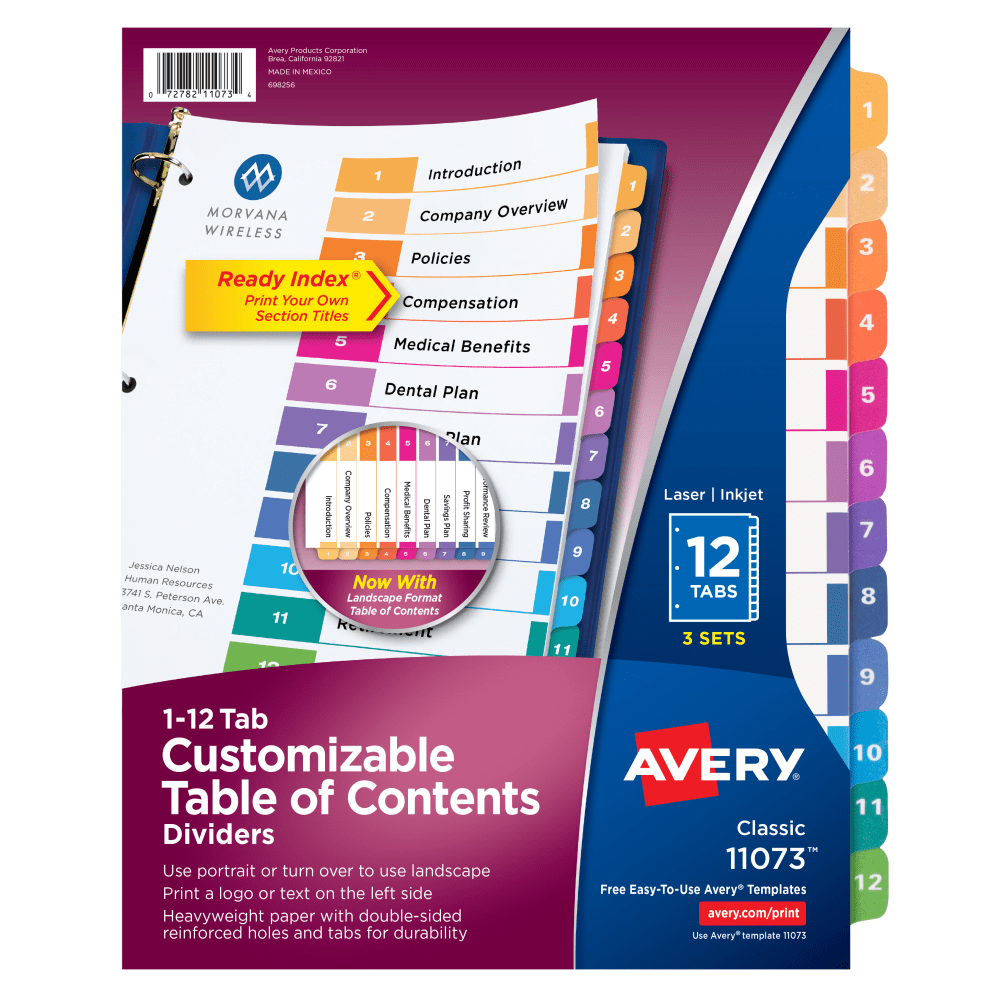 Avery Ready Index 1-12 Tab Binder Dividers With Customizable Table Of Contents, 8-1/2in x 11in, 12 Tab, White/Multicolor, Pack Of 3 Sets