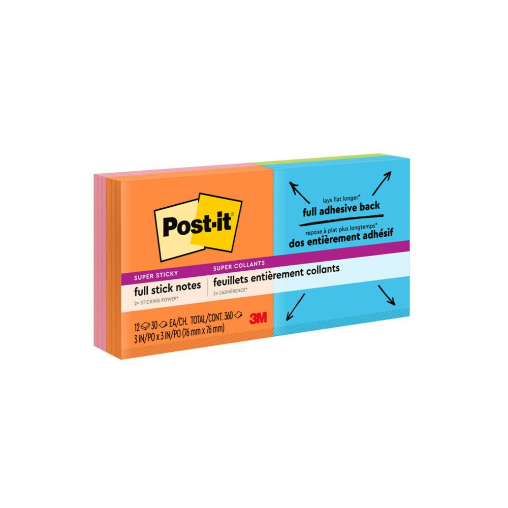 Post-it Super Sticky Full Stick Notes, 3 in x 3 in, Energy Boost Collection, 25 Sheets Per Pad, Pack Of 16 Pads