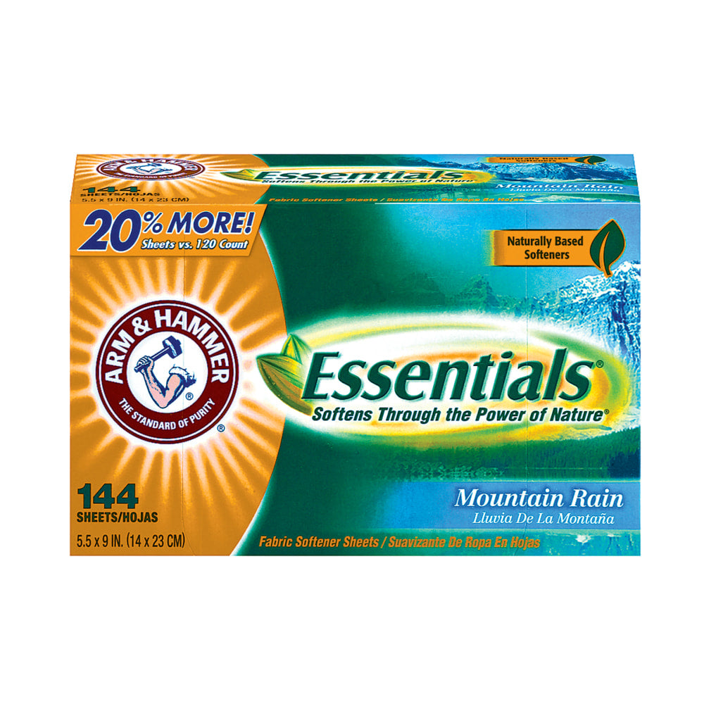 Arm & Hammer Essentials Dryer Sheets, Mountain Rain Scent, 144 Sheets Per Box, Case Of 6 Boxes