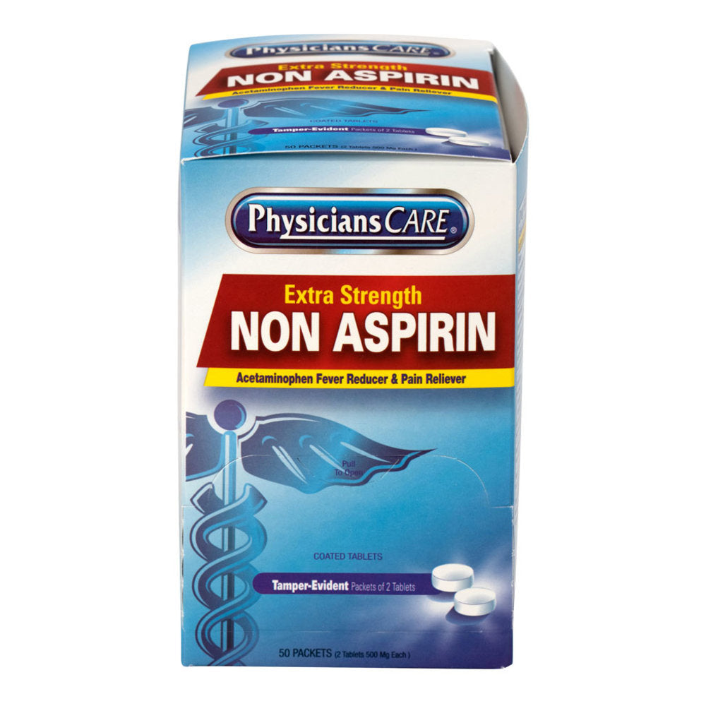 PhysiciansCare Non Aspirin Acetaminophen Pain Reliever Medication, 2 Tablets Per Packet, Box Of 50 Packets