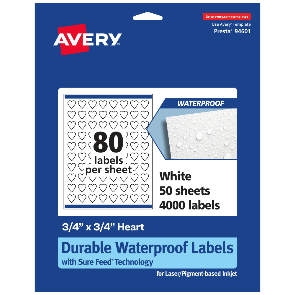 Avery Waterproof Permanent Labels With Sure Feed, 94601-WMF50, Heart, 3/4in x 3/4in, White, Pack Of 4,000