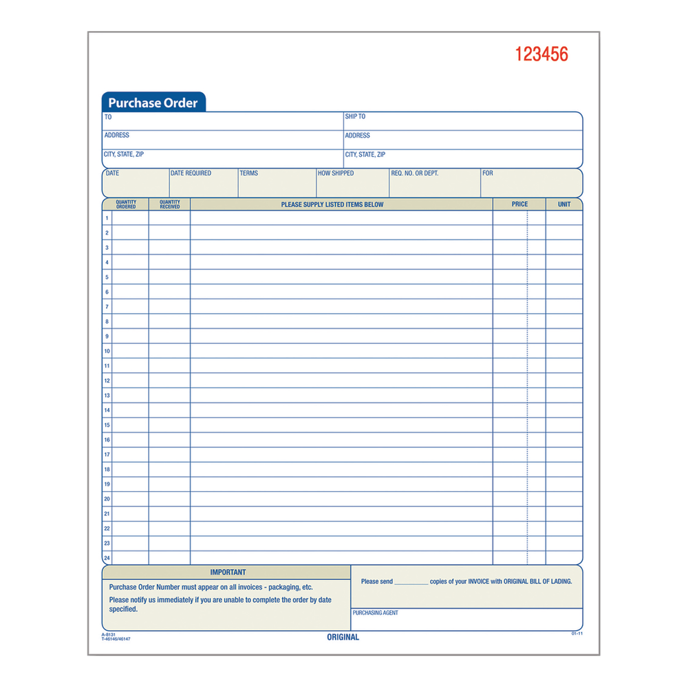 Adams Carbonless Purchase Order Book, 8 3/8in x 10 11/16in, 2-Part, 50 Set Pad