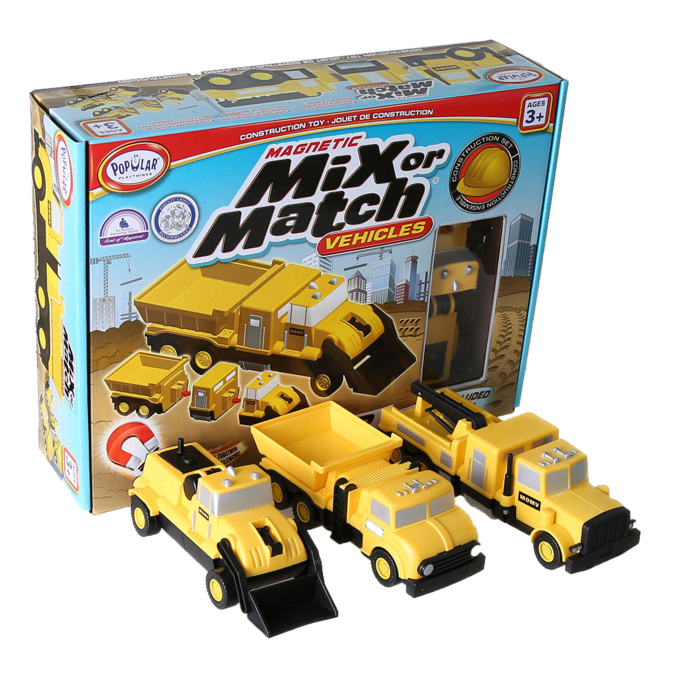 Popular Playthings Magnetic Mix or Match Vehicles, Construction, Pack Of 3 Vehicles