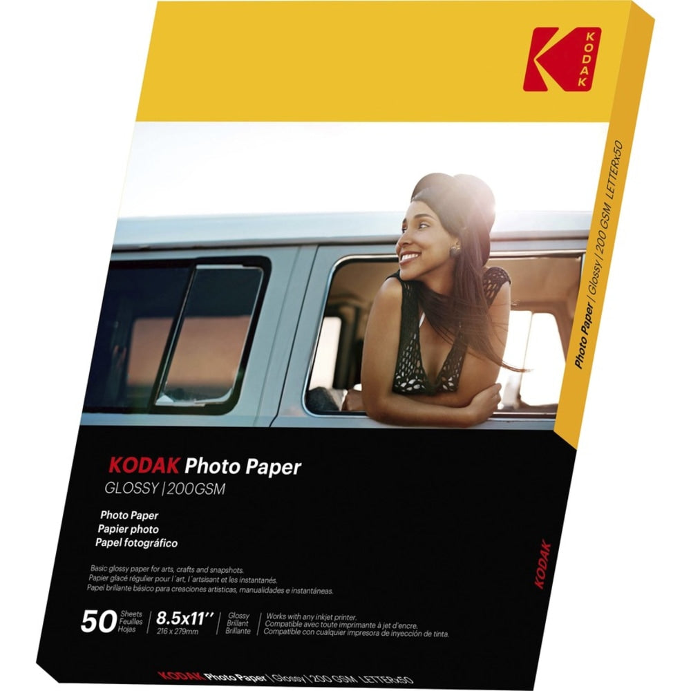 Kodak Glossy Photo Paper - Letter - 8 1/2in x 11in - Glossy - 50 / Pack - Smear Proof, Smudge Proof - White