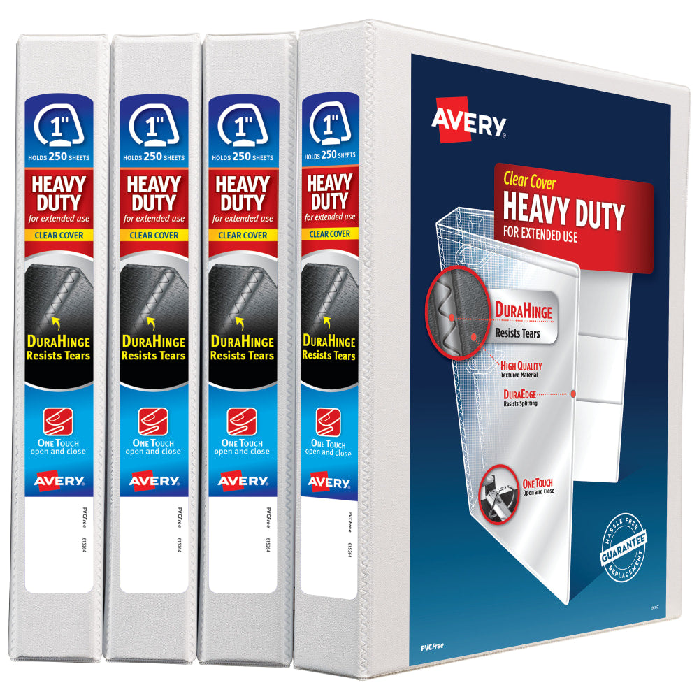 Avery Heavy-Duty View 3 Ring Binders, 1in One Touch Slant Rings, White, Pack Of 4