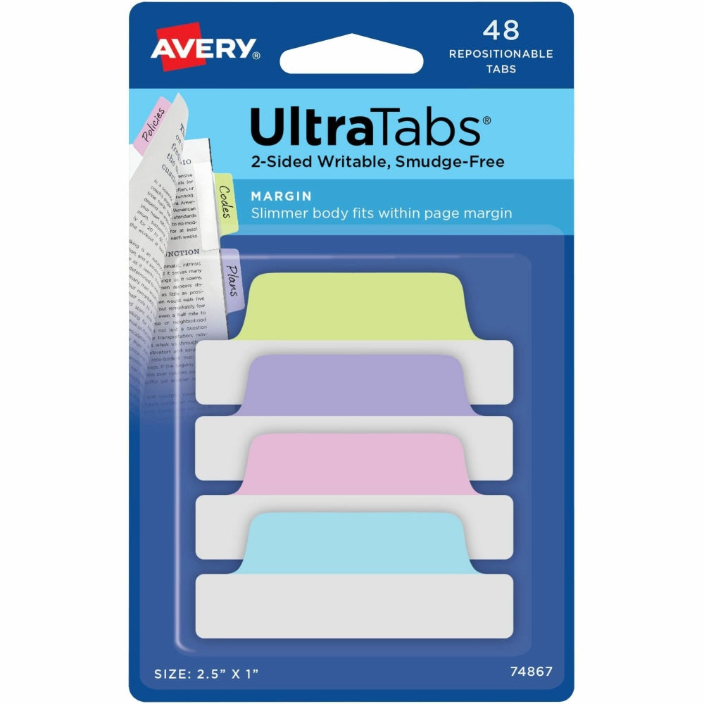 Avery UltraTabs Repositionable Margin Tabs - Write-on Tab(s) - 1in Tab Height x 2.50in Tab Width - Assorted Pastel Tab(s) - 48 / Pack