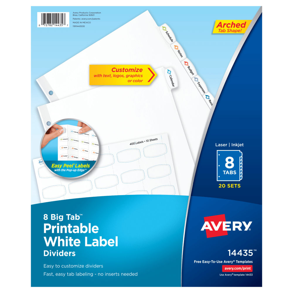 Avery Big Tab Printable Label Dividers, Easy Peel, 8 Tabs, Pack Of 20 Sets