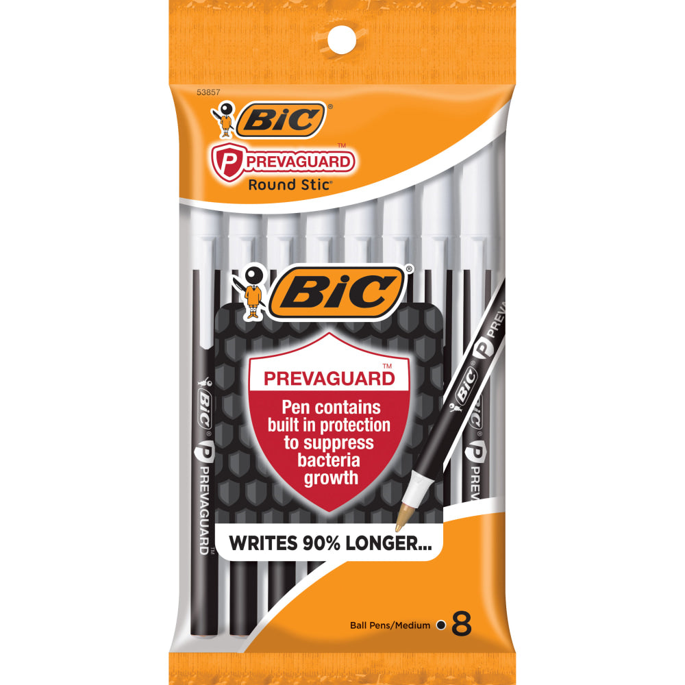 BIC Prevaguard Round Stic Pens With Antimicrobial Additive, Medium Point, 1.0 mm, Black Barrel, Black Ink, Pack Of 8 Pens