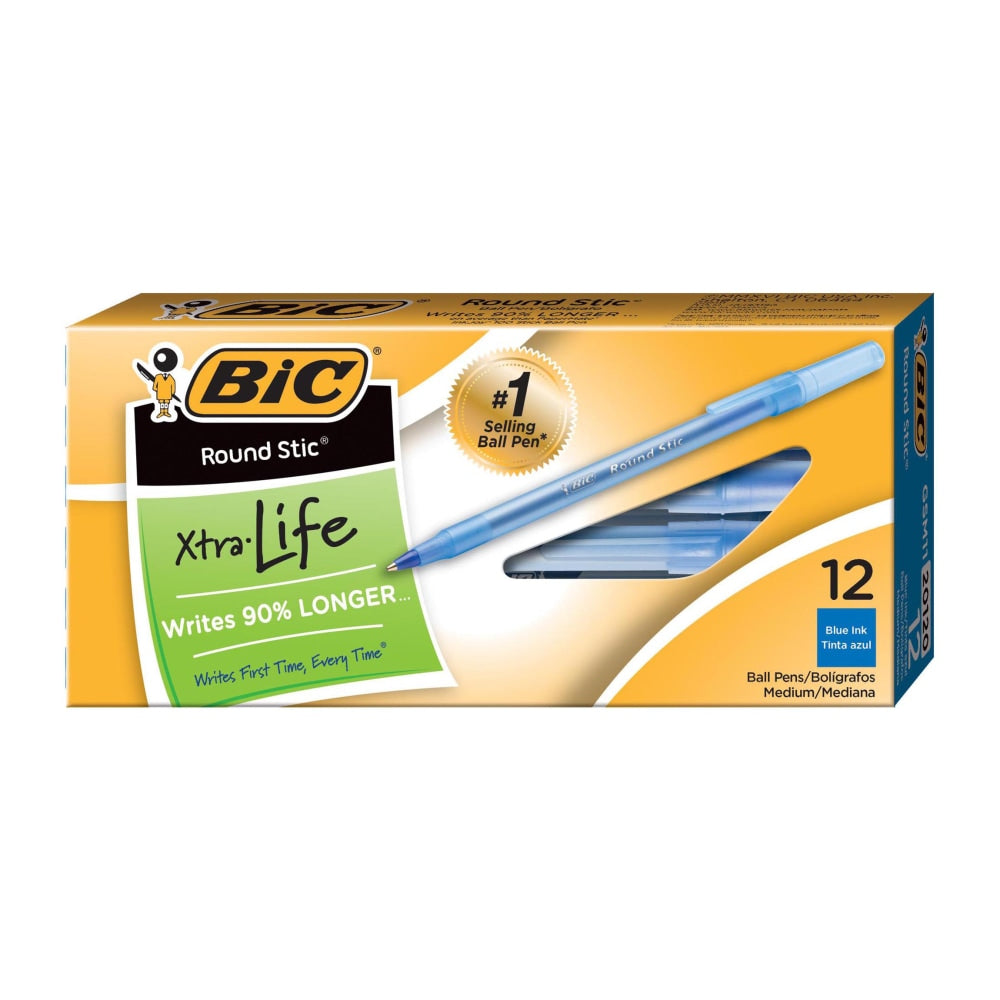 BIC Round Stic Ballpoint Pens, Medium Point, 1.0 mm, Translucent Barrel, Blue Ink, Pack Of 12