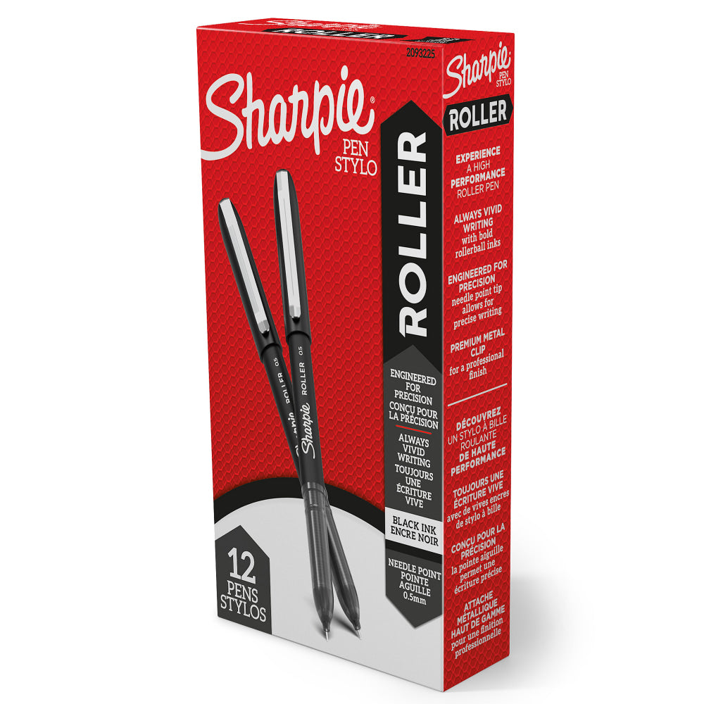 Sharpie Rollerball Pens, Needle Point, 0.5 mm, Black Ink, Pack Of 12