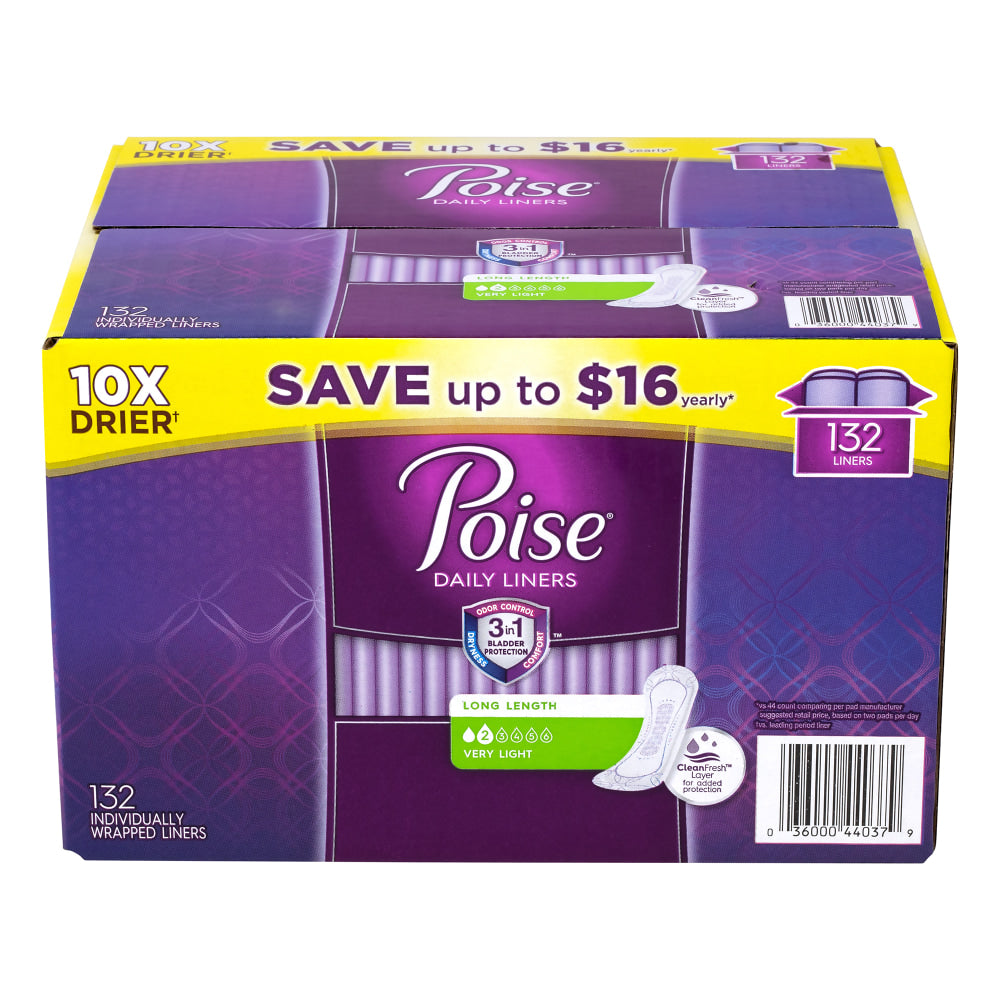 Poise Very Light Absorbency Long Incontinence Panty Liners, Box Of 132 Liners