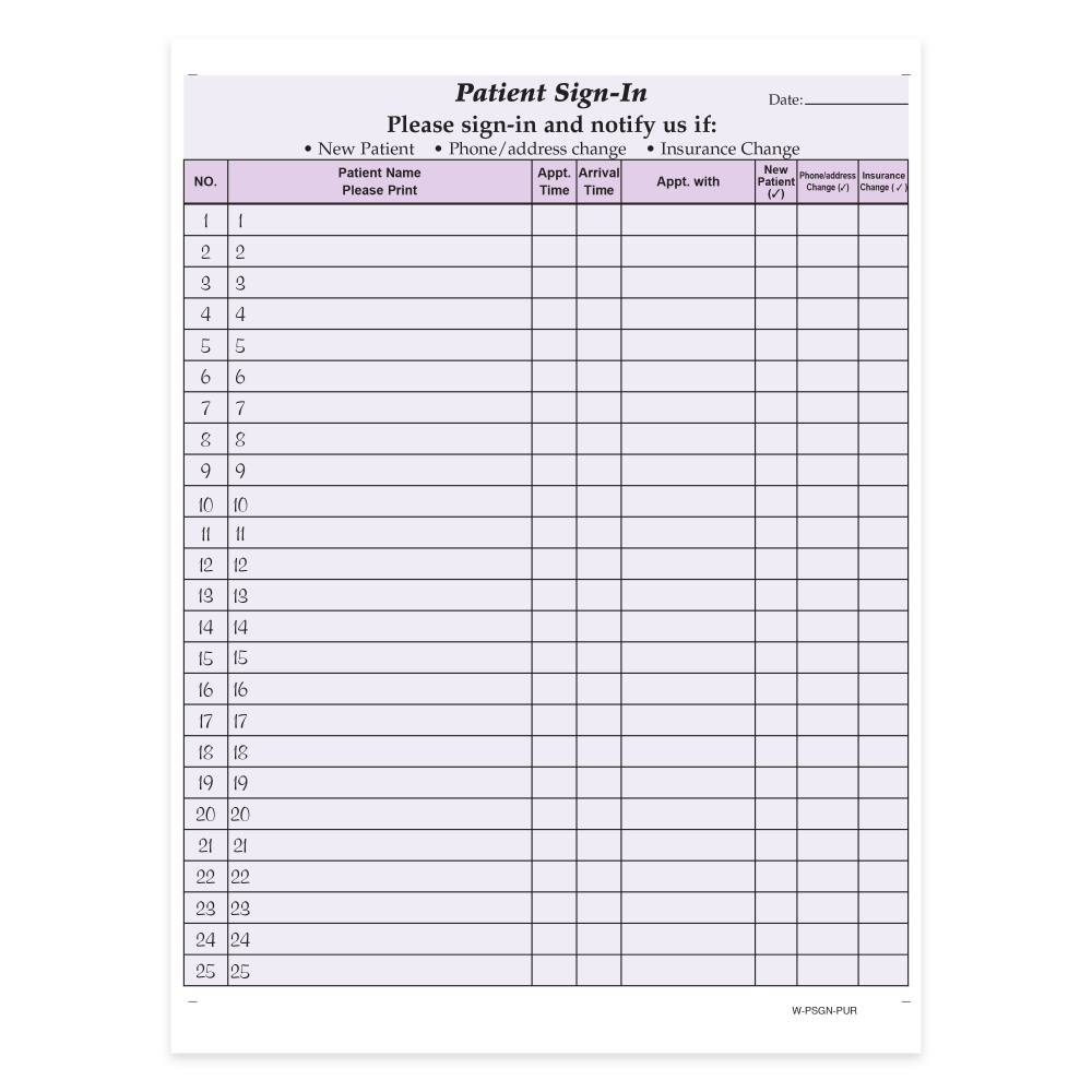 HIPAA Compliant Patient/Visitor Privacy 2-Part Sign-In Sheets, 8-1/2in x 11in, Purple, Pack Of 250 Sheets