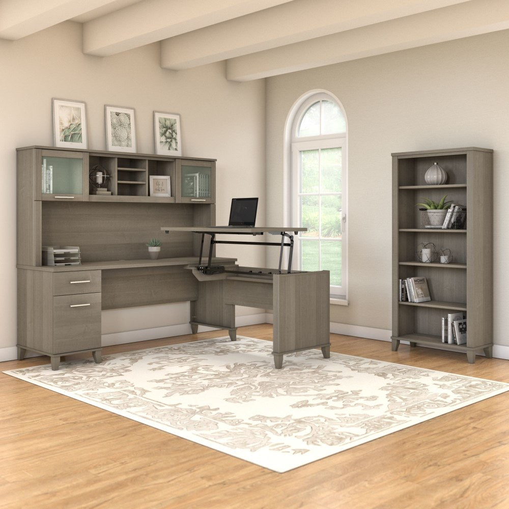 Bush Furniture Somerset 72inW 3 Position Sit to Stand L Shaped Desk With Hutch And Bookcase, Ash Gray, Standard Delivery