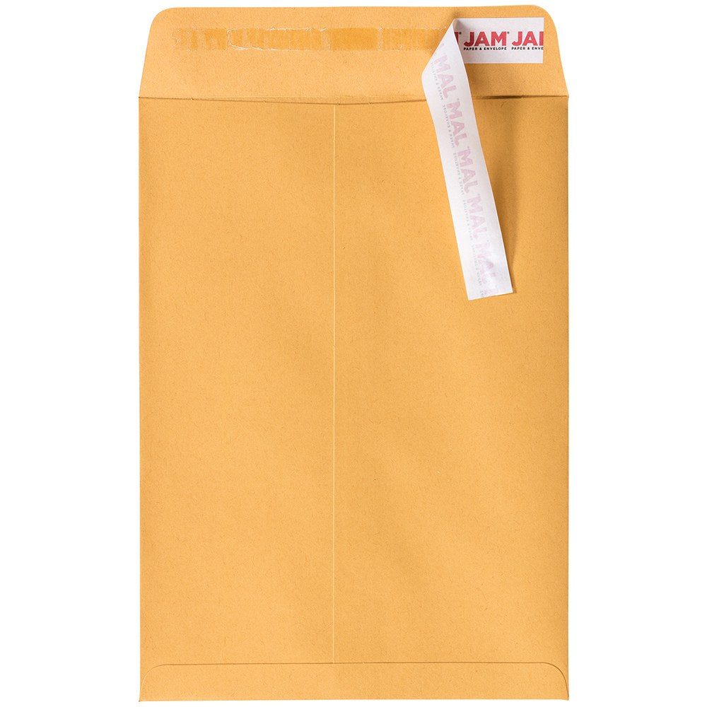 JAM Paper Envelopes, 7-1/2in x 10-1/2in, Peel & Seal, Brown, Pack Of 50 Envelopes