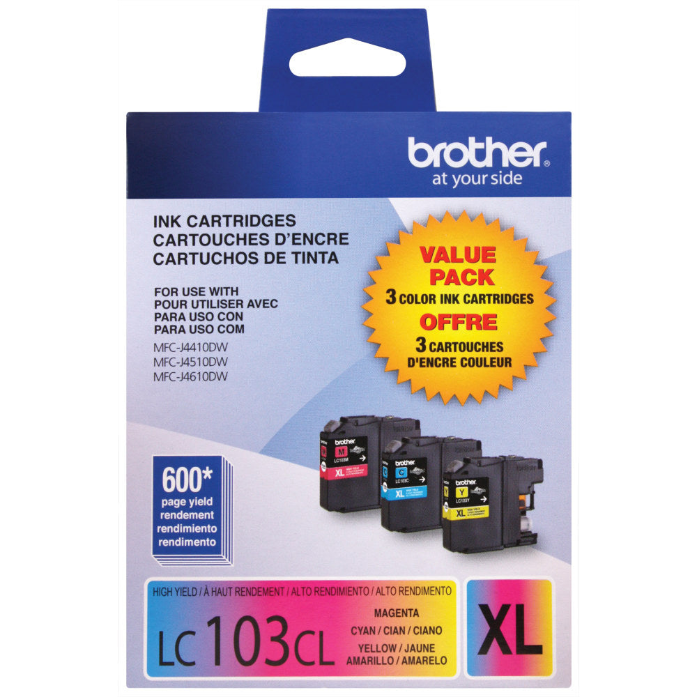 Brother LC103 Cyan, Magenta, Yellow Ink Cartridges, Pack Of 3, LC1033PKS