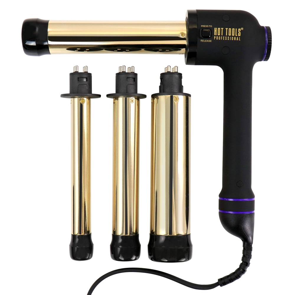 Gibson Hot Tools Professional Curl Bar Set With 24K Gold Interchangeable Barrels And Pulse Technology, Black