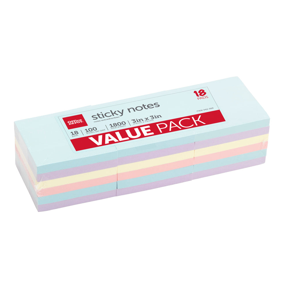 Office Depot Brand Sticky Notes Value Pack, 3in x 3in, Assorted Pastel Colors, 100 Sheets Per Pad, Pack Of 18 Pads