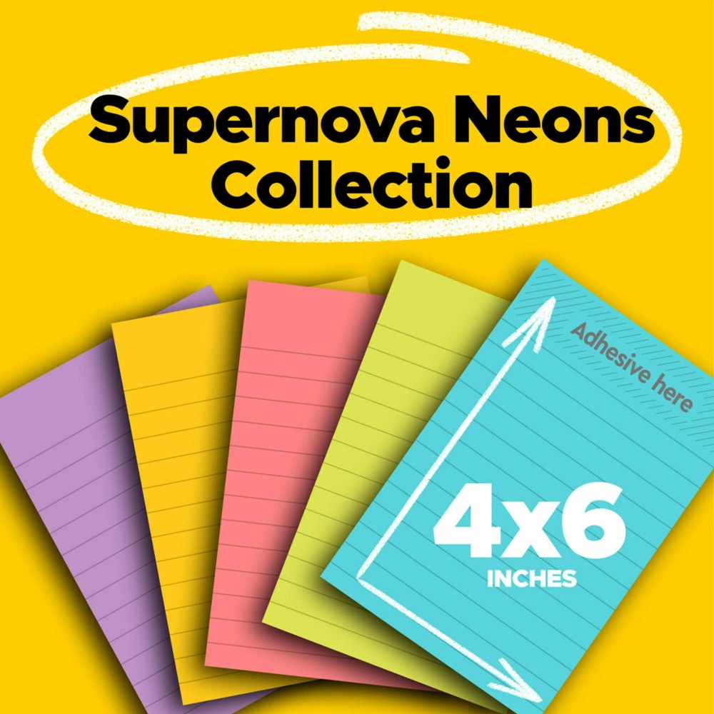 Post-it Super Sticky Notes, 4 in x 6 in, 5 Pads, 90 Sheets/Pad, 2x the Sticking Power, Supernova Neons Collection, Lined