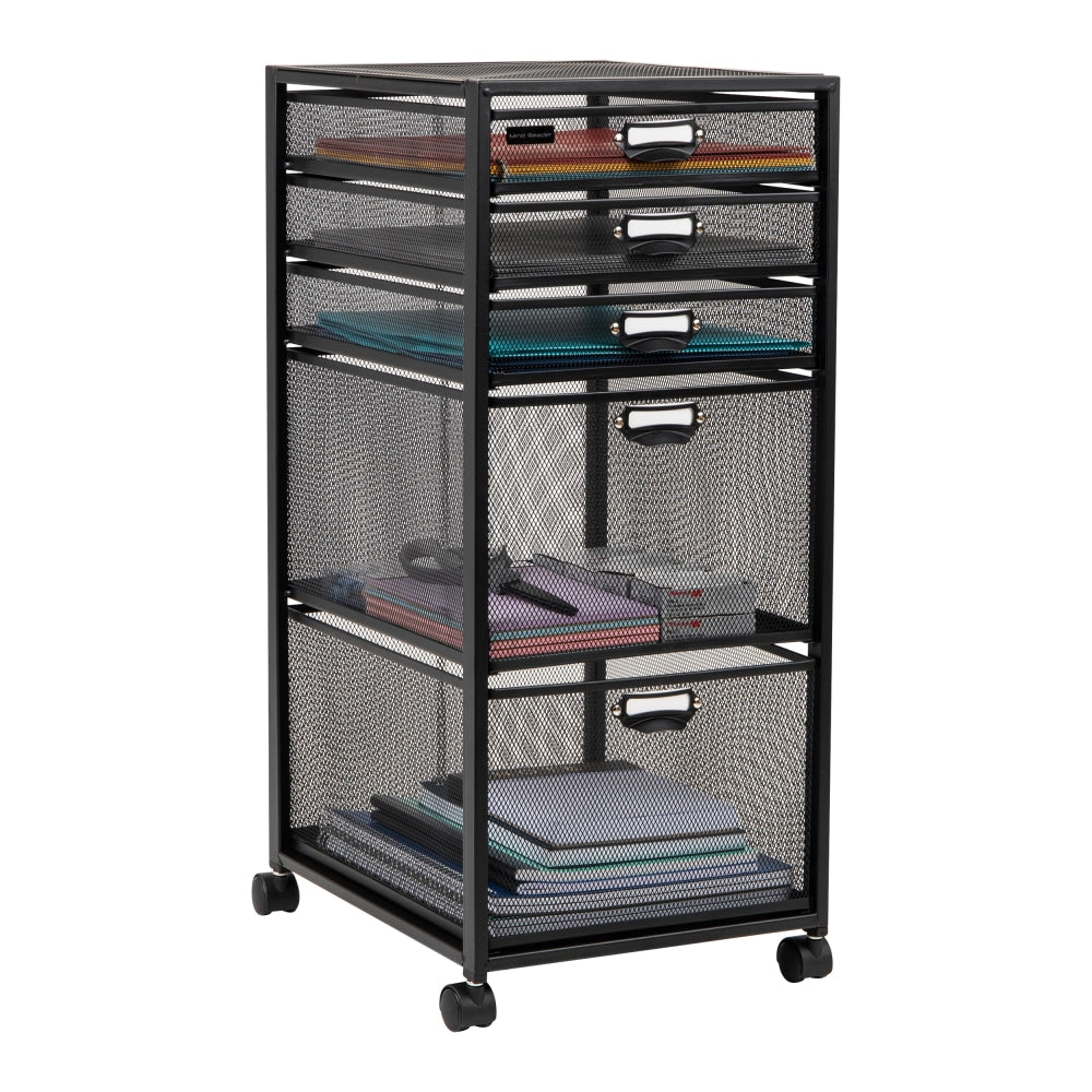 Mind Reader Metal Mesh 5-Drawer Rolling Office Cart, 25in x 10 3/4in x 13 3/4in, Black