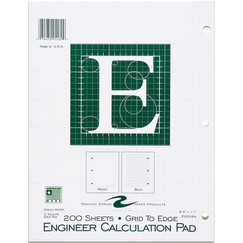 Roaring Spring 5x5 Grid Engineering Pad, 15# Green, 3 Hole Punched, 8.5in x 11in 200 Sheets, Green Paper Gride to Edge