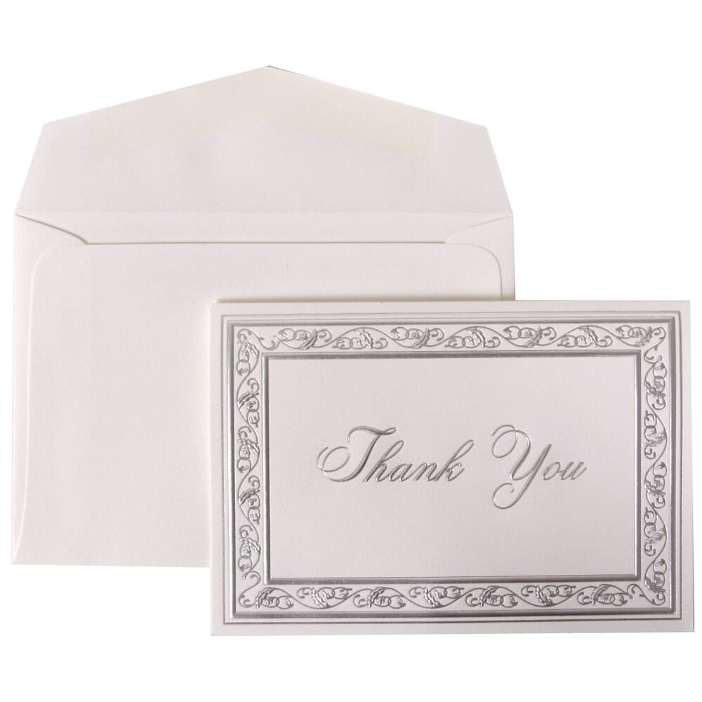 JAM Paper Thank You Card Set, 4 7/8in x 3 3/8in, 65 Lb, Bright White/Silver Border, Set Of 104 Cards And 100 Envelopes