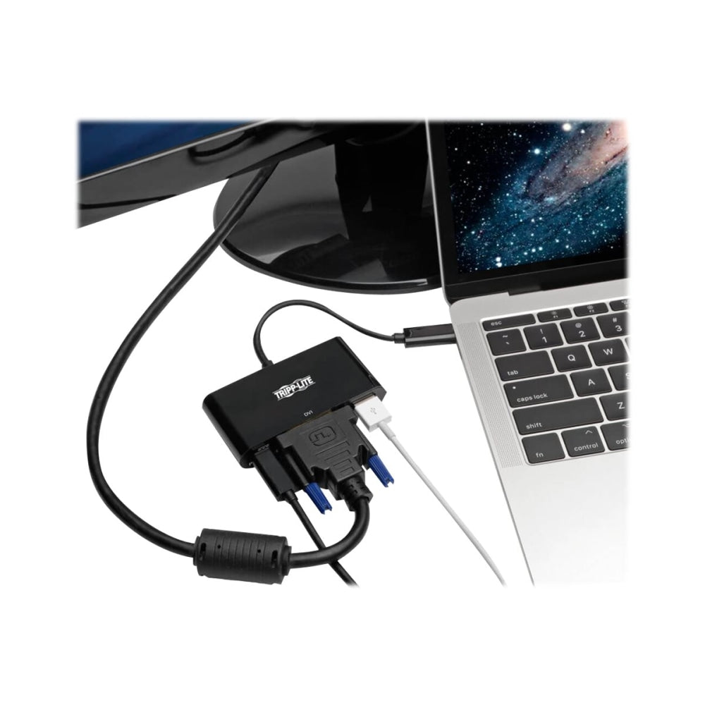 Tripp Lite USB C to DVI Adapter with USB-A Hub, Thunderbolt 3-1080p, PD Charging, Black, 6 in., USB Type C, USB-C, USB Type-C - Docking station - USB-C - DVI