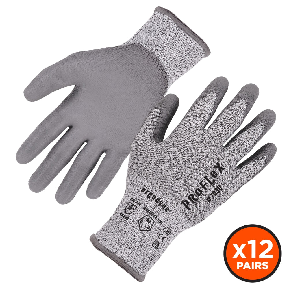 Ergodyne Proflex 7030-12PR PU-Coated Cut-Resistant Gloves, Medium, Gray, Set Of 12 Pairs