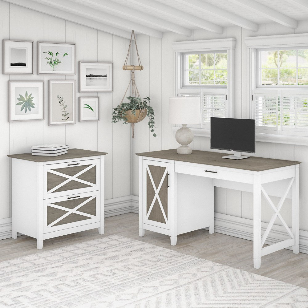 Bush Furniture Key West 54inW Computer Desk With Storage And 2-Drawer Lateral File Cabinet, Shiplap Gray/Pure White, Standard Delivery