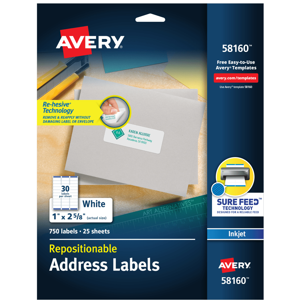 Avery Repositionable Address Labels, 58160, Rectangle, 1in x 2-5/8in, White, Pack Of 750