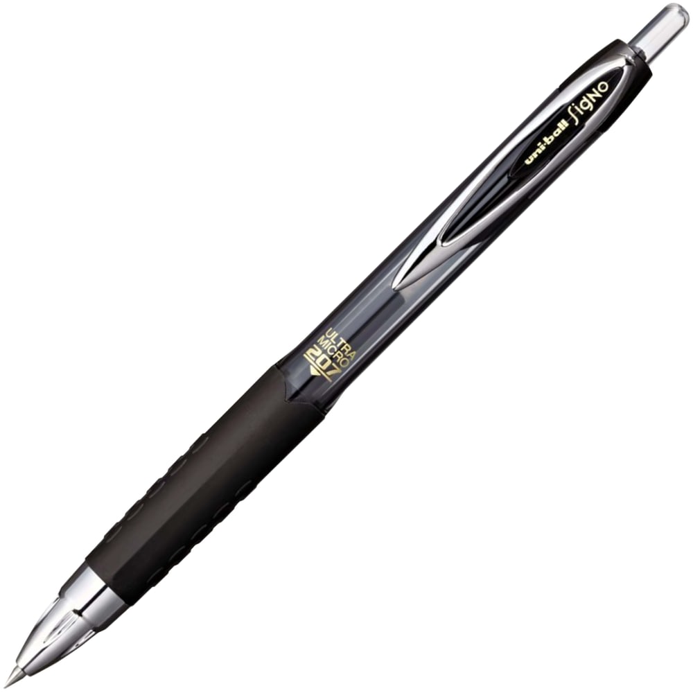 uni-ball 207 Retractable Fraud Prevention Gel Pens, Ultra Micro Point, 0.38 mm, Black Barrels, Black Ink, Pack Of 12