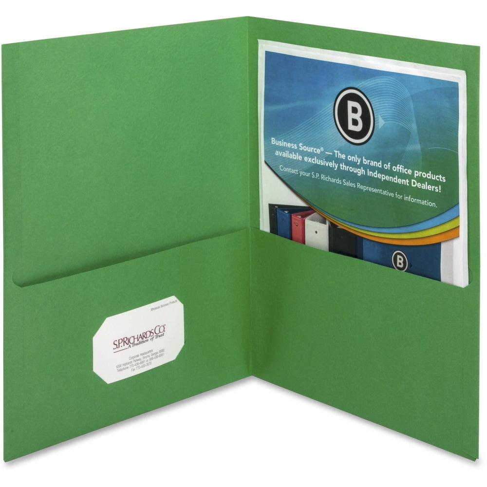 Business Source Letter Recycled Pocket Folder - 8 1/2in x 11in - 100 Sheet Capacity - 2 Inside Front & Back Pocket(s) - Paper - Green - 35% Recycled - 25 / Box