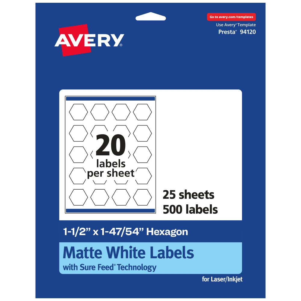 Avery Permanent Labels With Sure Feed, 94120-WMP25, Hexagon, 1-1/2in x 1-47/54in, White, Pack Of 500