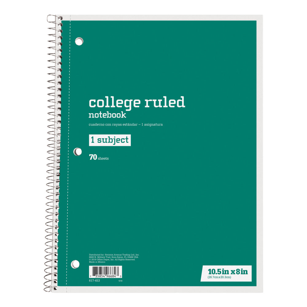 Just Basics Spiral Notebook, 8in x 10-1/2in, College Ruled, 70 Sheets, Green