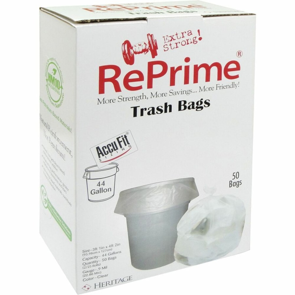 Heritage RePrime AccuFit 44-gal Can Liners - 44 gal Capacity - 37in Width x 50in Length - 0.90 mil (23 Micron) Thickness - Low Density - Clear - Linear Low-Density Polyethylene (LLDPE) - 4/Carton - 50 Per Box - Garbage