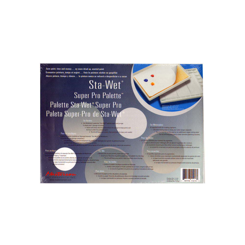 Masterson Sta-Wet Super Pro Palette, Watercolor, Acrylic, and Oils, Reusable, 15 1/2in x 11 1/2in x 1 3/4in, White