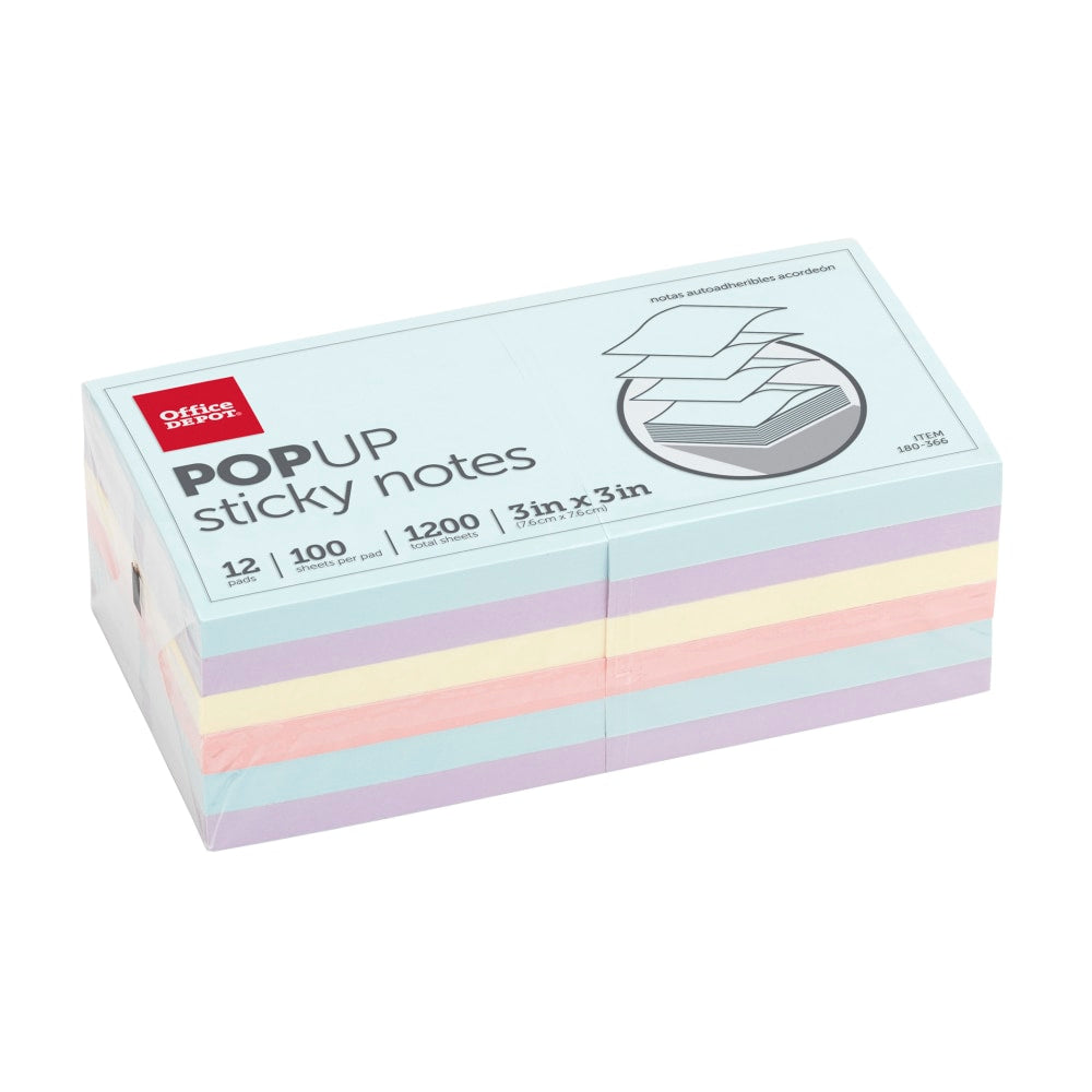 Office Depot Brand Pop Up Sticky Notes, 3in x 3in, Assorted Pastel Colors, 100 Sheets Per Pad, Pack Of 12 Pads