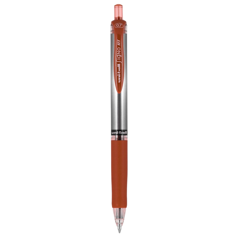 uni-ball Signo Gel RT Retractable Pens, Medium Point, 0.7 mm, Silver Barrel, Red Ink, Pack Of 12 Pens