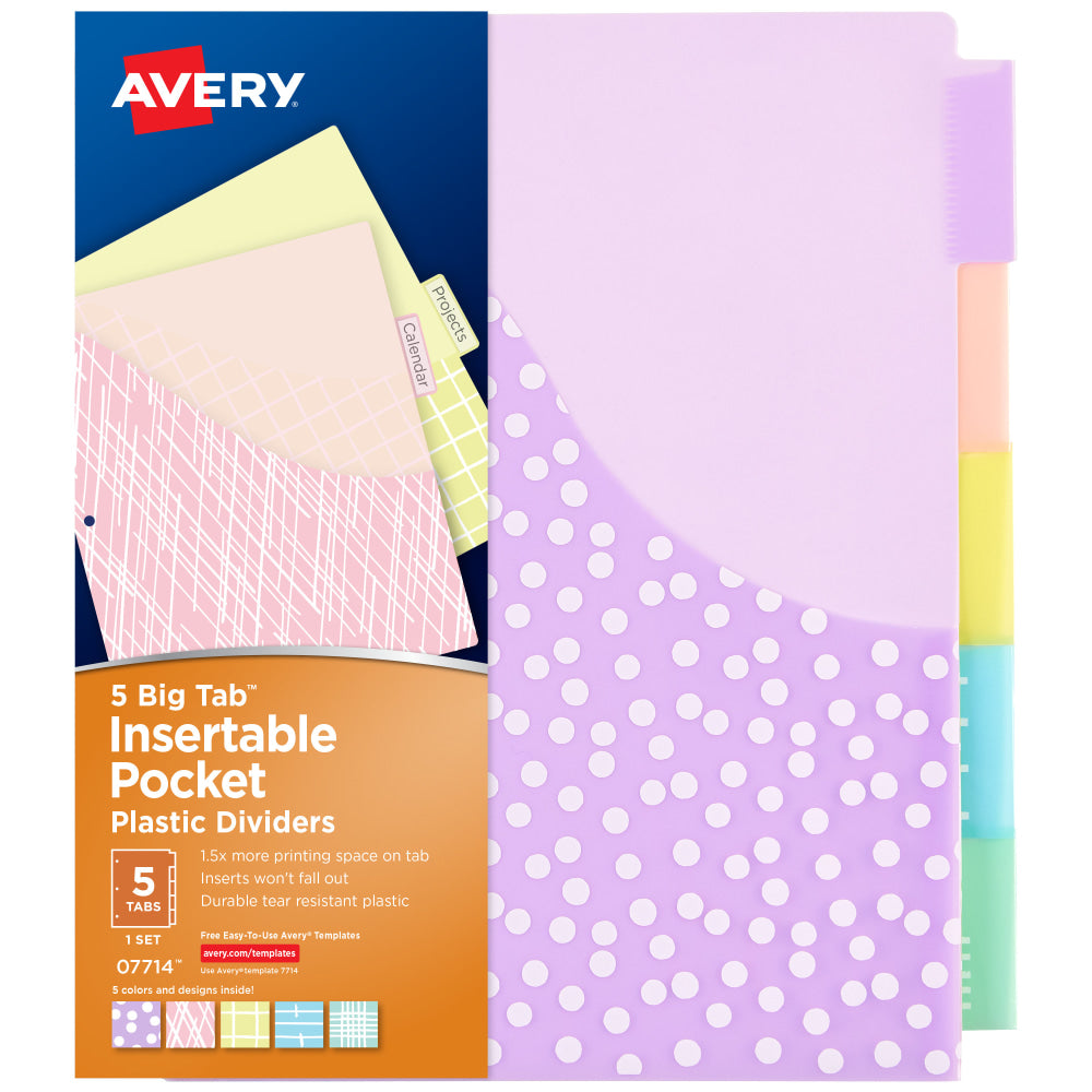 Avery Dividers For 3 Ring Binders, 5-Tab Binder Dividers, Plastic Binder Dividers With Pockets, Insertable Big Tab, Pastel Classic Designs, 1 Set (07714)