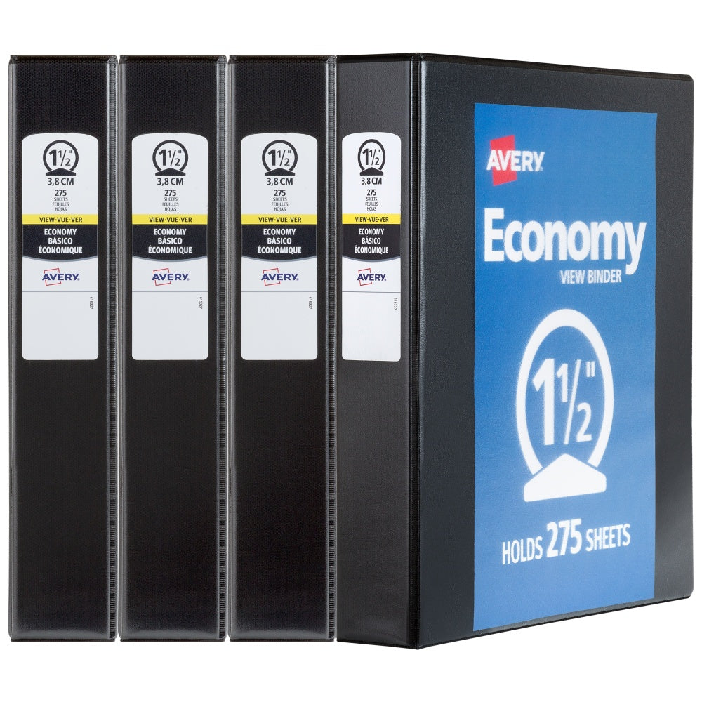 Avery Economy View 3 Ring Binders, 1-1/2in Round Rings, Black, Pack Of 4