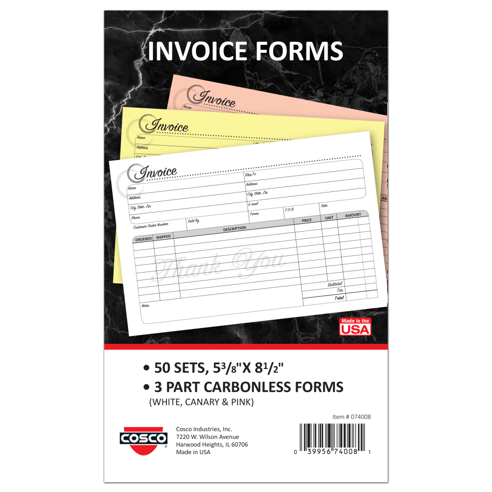 COSCO Service Invoice Form Book With Slip, 3-Part Carbonless, 5-3/8in x 8-1/2in, Artistic, Book Of 50 Sets