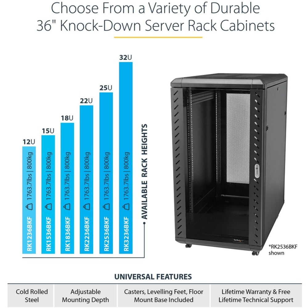 StarTech.com 18U Server Rack Cabinet - Includes Casters and Leveling Feet - 32 in. Deep - Weight Capacity 1768 lb. - Lockable (RK1836BKF)