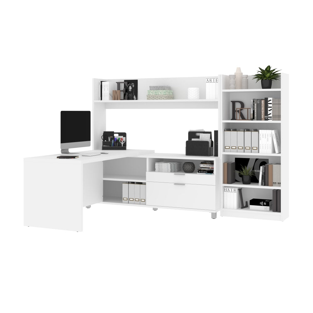 Bestar Pro-Linea L-Shaped Desk With Hutch And Bookcase, White