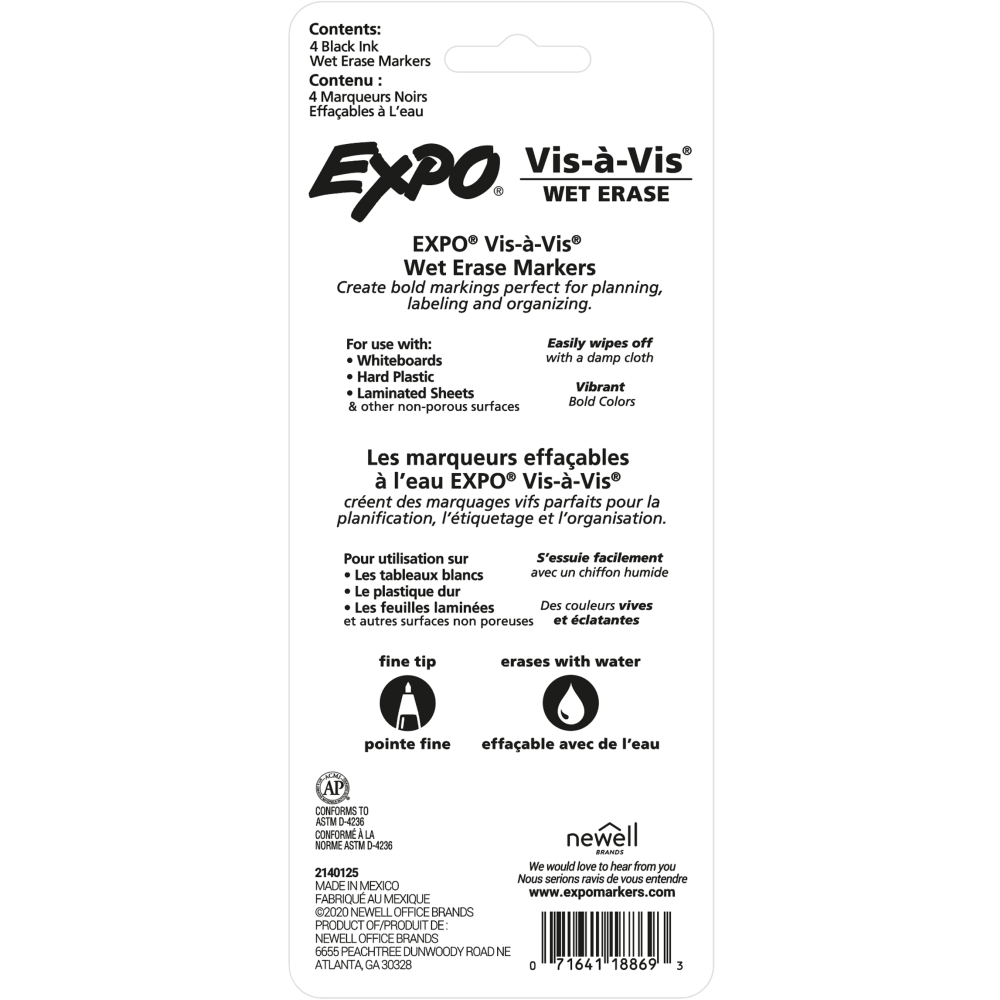 Expo Vis-A-Vis Wet-Erase Fine-Tip Markers, Gray Barrel, Black Ink, Set Of 4 Markers