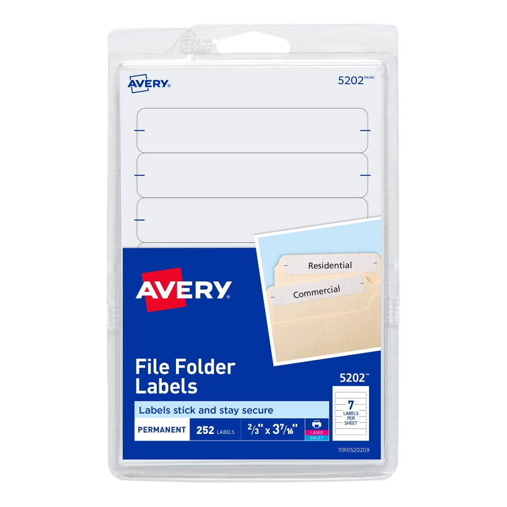 Avery File Folder Labels On 4in x 6in Sheet With Easy Peel, 5202, Rectangle, 2/3in x 3-7/16in, White, Pack Of 252 Labels