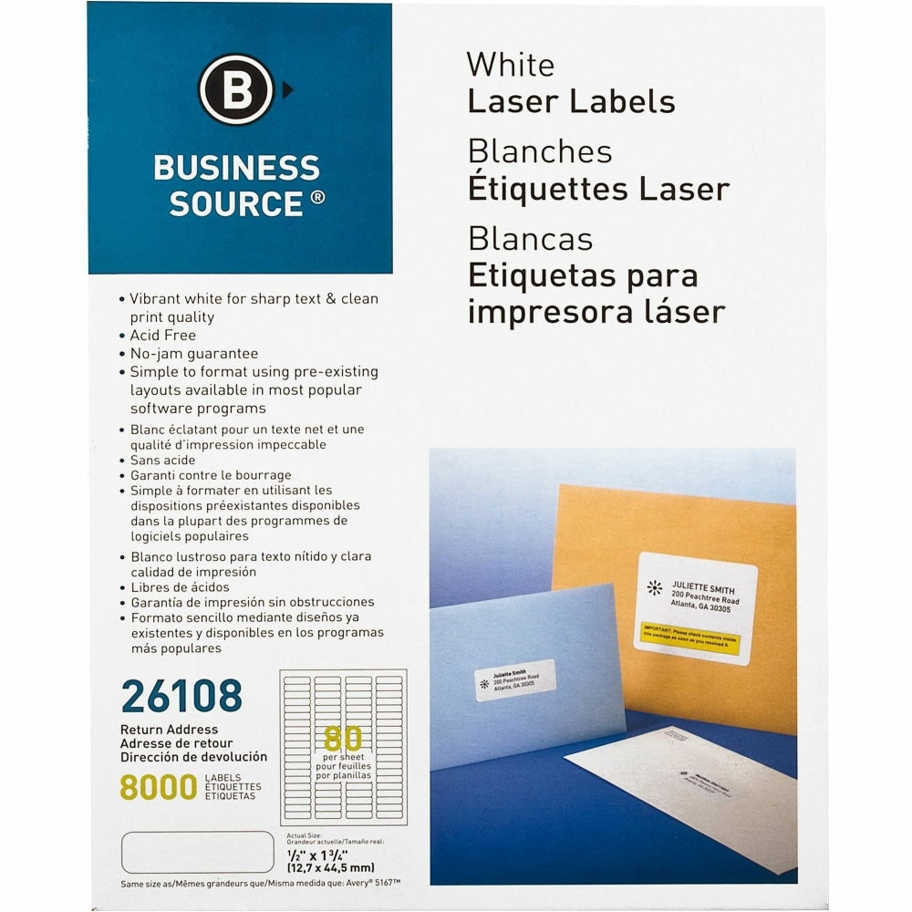 Business Source Address Laser Labels - 1/2in Width x 1 3/4in Length - Permanent Adhesive - Rectangle - Laser - White - 80 / Sheet - 100 Total Sheets - 8000 / Pack - Lignin-free, Jam-free